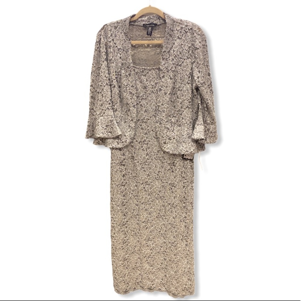NWT R&M Richards Silver sequin 2 pc gown & jacket